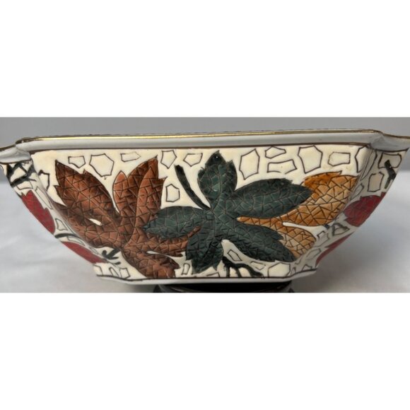 Hand-Painted Ceramic Leaf Bowl 8" x 8" Square With Intricate Pattern - Picture 2 of 5